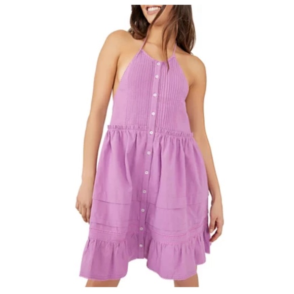 NWT Free People Desert Day Mini Dress Tiered Halter Buttondown Lace-Trim - Picture 3 of 16